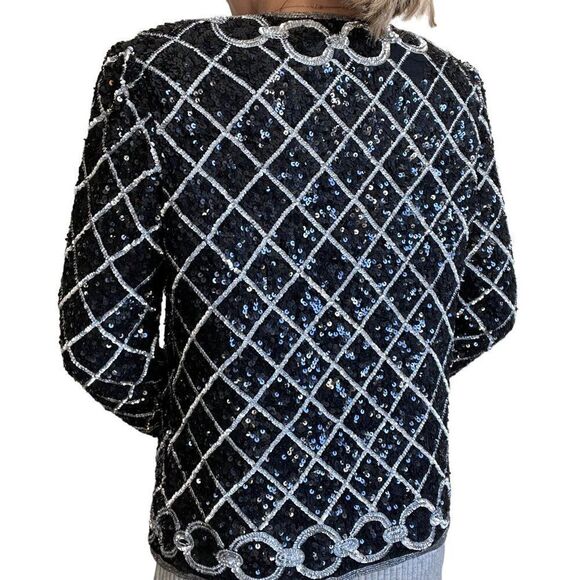 Vintage Womens 80s Silver Black Sequin Sparkly Geometric Silk Embroidered Blouse - Picture 7 of 8